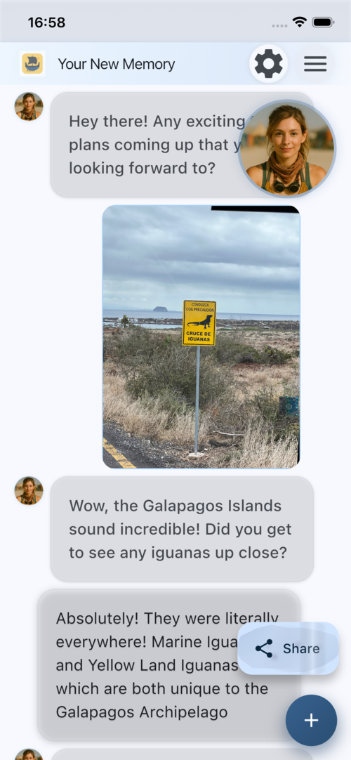 Argo AI app showing a conversation about Galapagos Islands travel memories with photos and AI responses